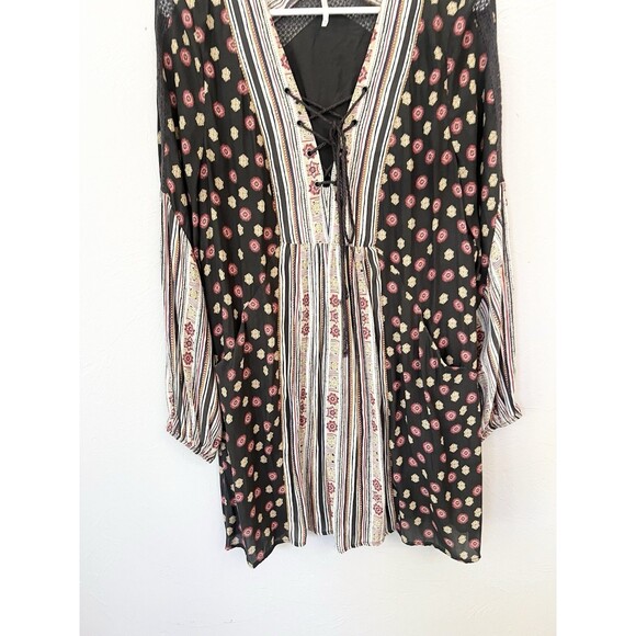 Free People Rain Or Shine Tunic Dress Poppy Combo Black Floral Longsleeve Boho M - Picture 3 of 10